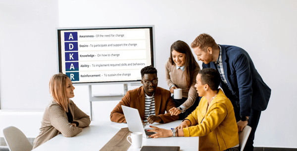 People discussing around a laptop with the ADKAR model in the backdrop